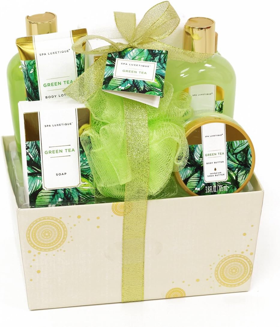 Spa Luxetique Bath Gift Set Green Tea, Luxury 10pc Spa Bath Gift Sets for Women. Home Bath Spa Gift Set Includes Hand Soap, Body Lotion, Body Butter, Bath Slats, Bath Puff. Best Gift Set for Women.