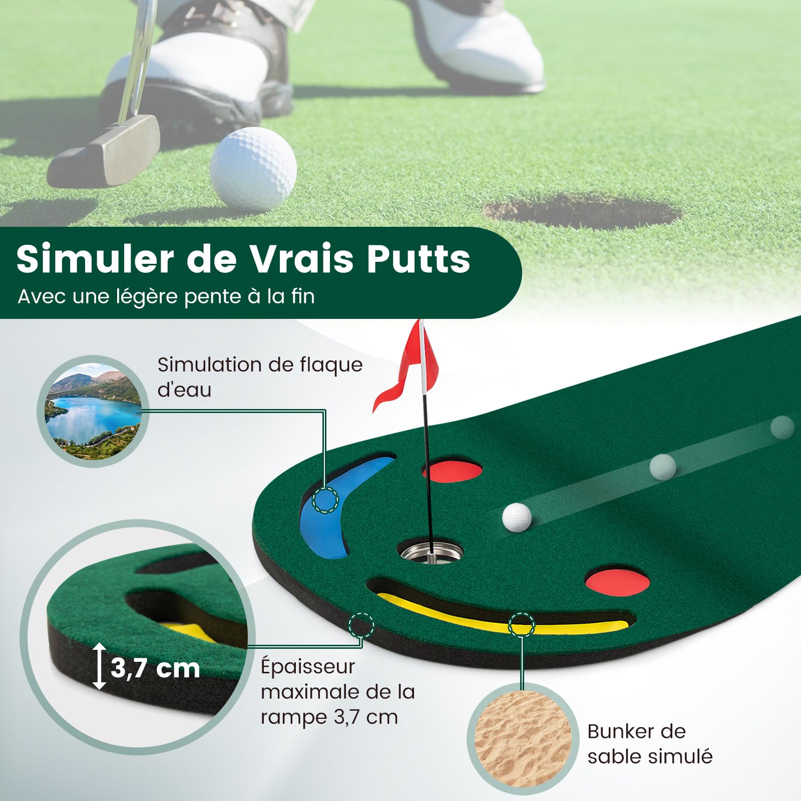 COSTWAY Tapis de Frappe de Golf 300 x 96 cm, Tapis d'Entraînement de Golf par 3 avec 3 Coupelles 1 Drapeau Couvercles de Trou, Green de Putting de Golf pour Intérieur & Extérieur