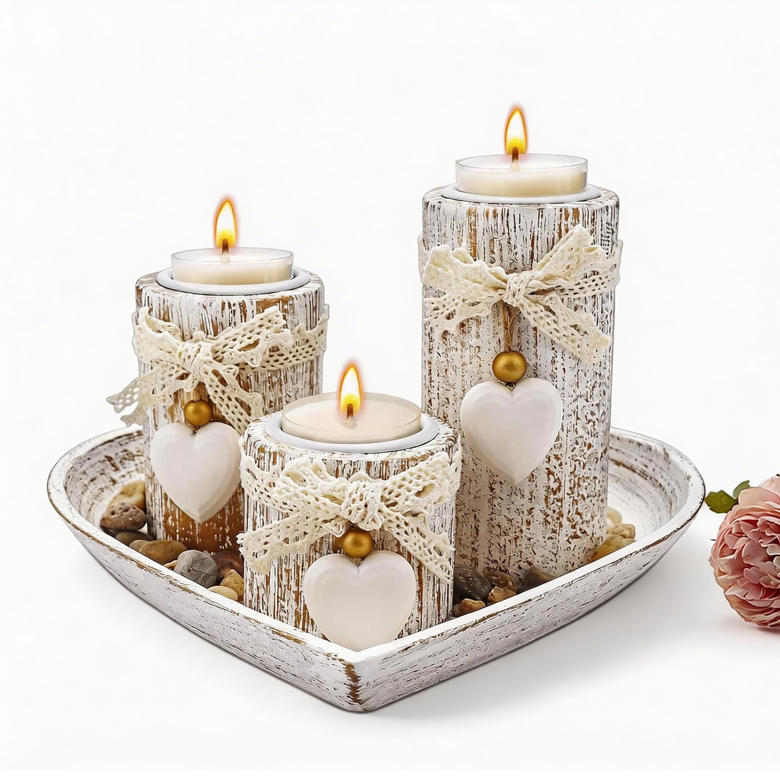 Set di 3 vassoi e portacandele in legno, a forma di cuore, per Natale, matrimonio e tavolo da pranzo