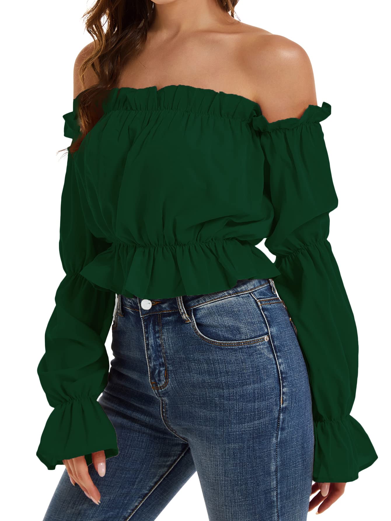 LYANER Womens Off Shoulder Ruffle Trim Puff Long Sleeve Tube Crop Blouse Shirt Top