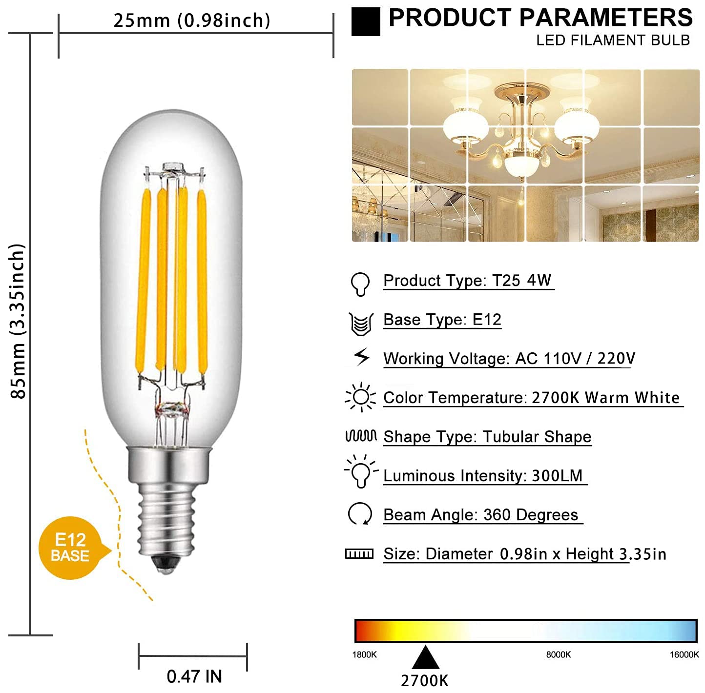 Bombilla LED filamento Edison 4 W, 400 lúmenes, candelabro Bas 00 K, luz blanca cálida, bombillas tubulares Edison T25 vintage, no regulables, paquete 4