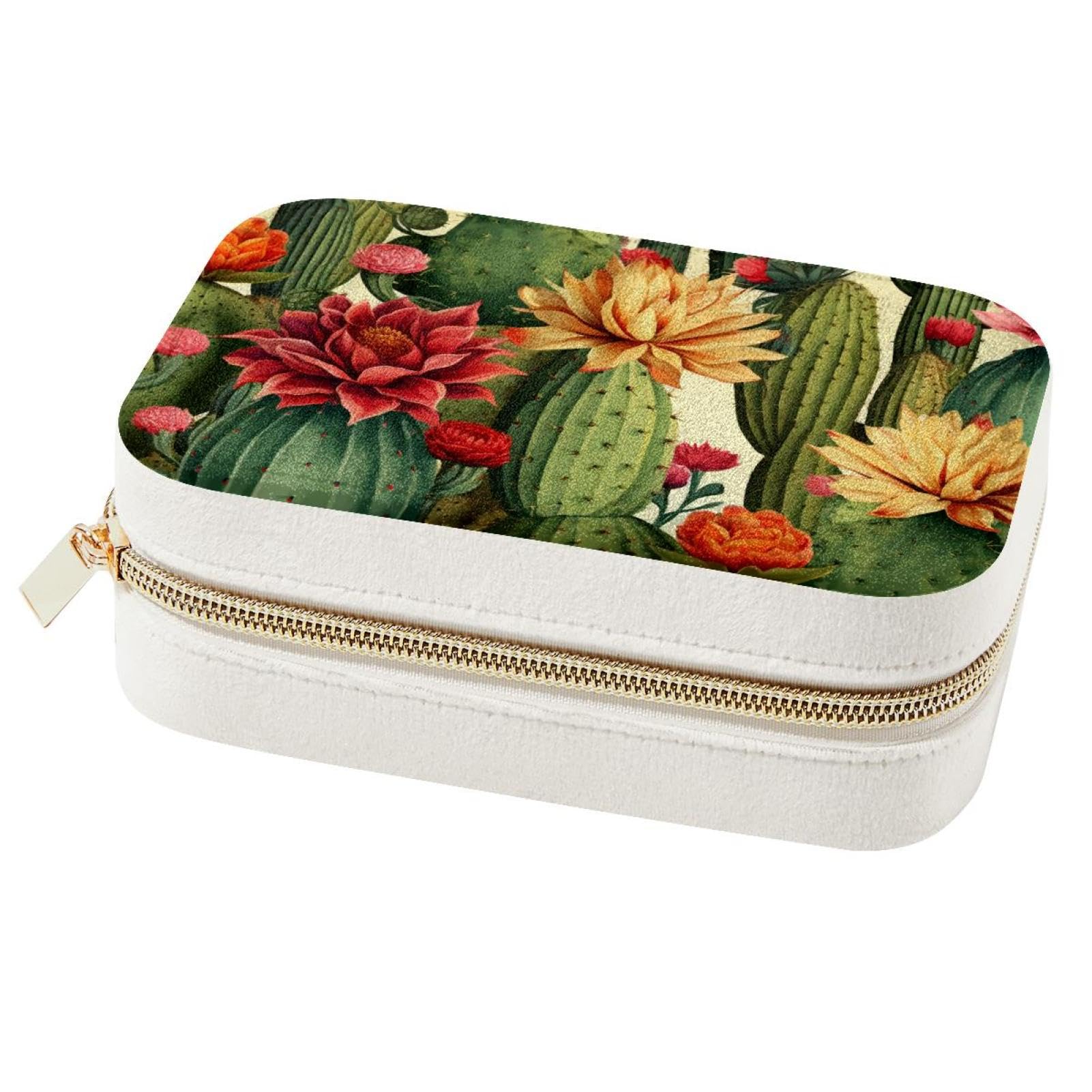 Boîte à bijoux portable cactus et fleurs pour bagues et colliers