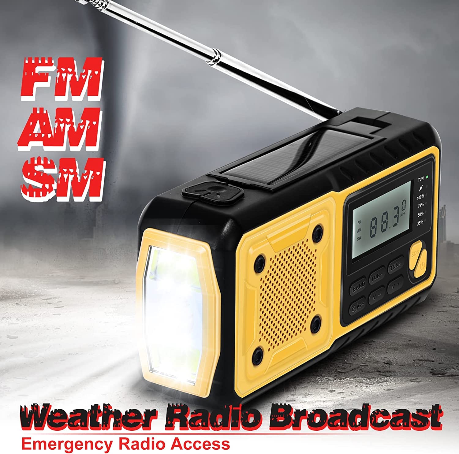 Radio Solaire Portable Urgence Météo 5000 mAh Manivelle FM/AM/SW Dynamo avec Lampe LED Alarme SOS USB Écran LCD Charge de Téléphone Prise d'Écouteur pour Randonnée Camping
