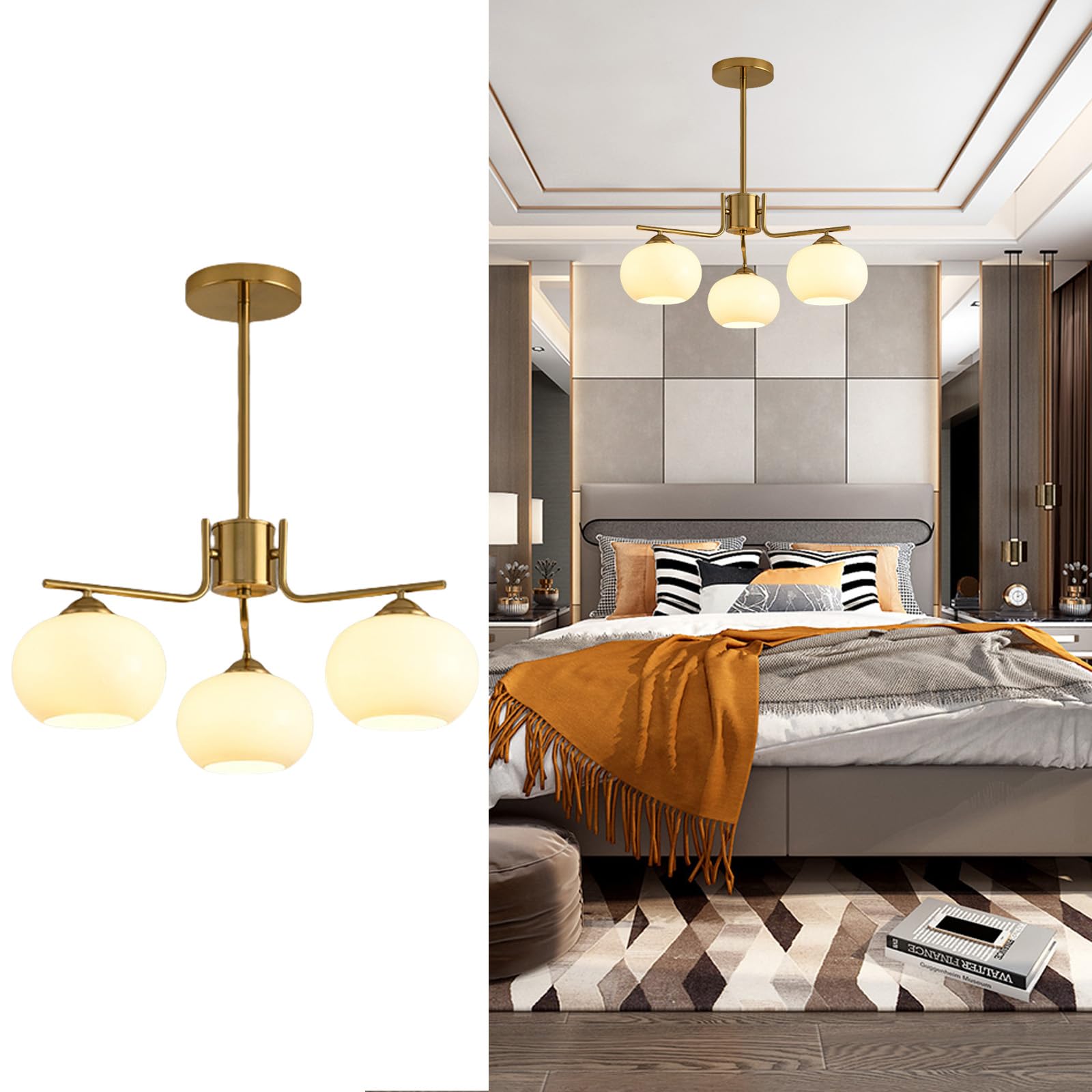 HYJAUSXB Modern Brushed Gold Ceiling Light u2013 Mid Century Globe Chandelier with Cream Glass Shades, Adjustable Pendant for Kitchen Island, Dining Room, Living RoomGold,5Heads