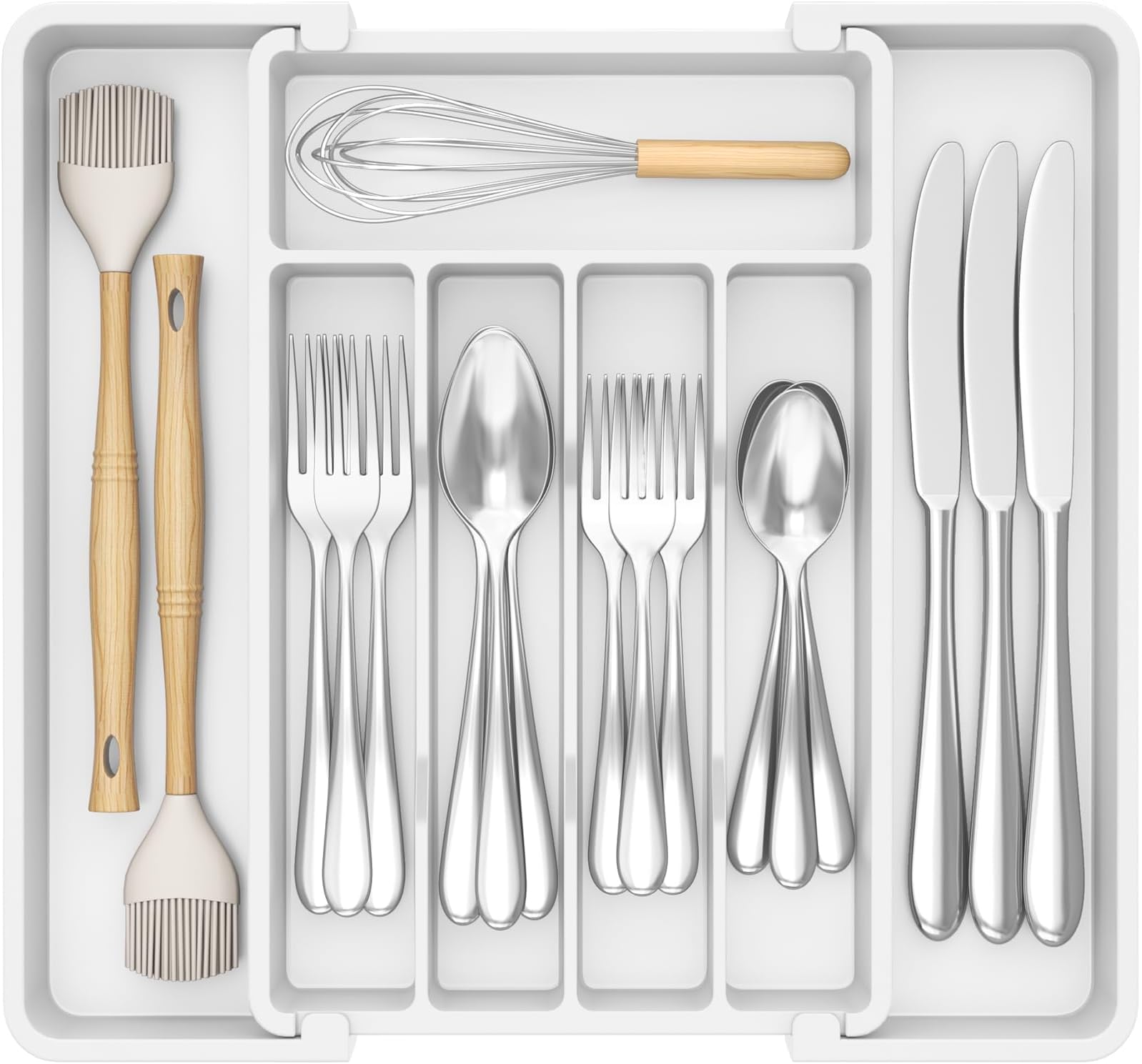 Lifewit Silverware Drawer Organizer, Expandable Utensil Tray for Kitchen, BPA Free Flatware and Cutlery Holder, Adjustable Plastic Storage for Spoons Forks Knives, 8.5-14 x 12", White