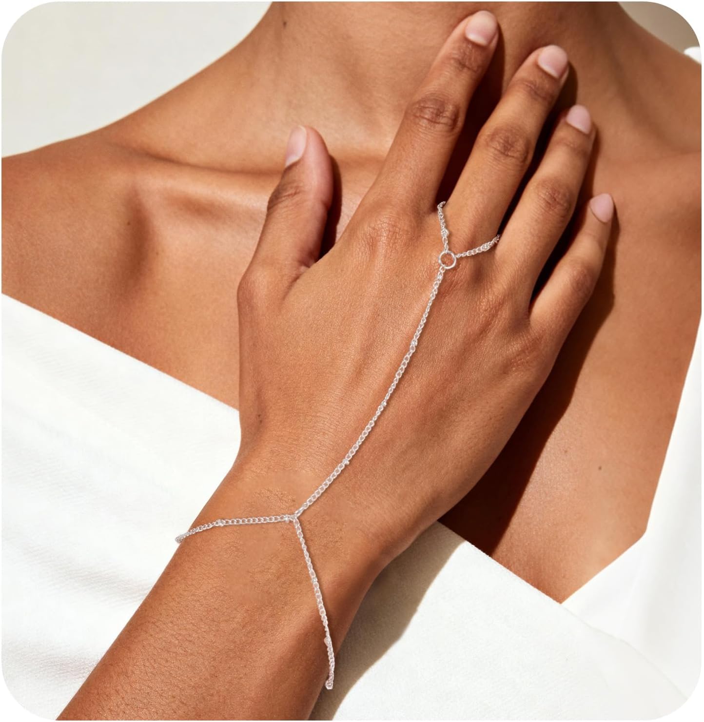 Silver Dainty Ring Bracelet Hand Chain Bracelet Satellite Bead Paperclip Hand Chain Adjustable Trendy Simple Fashion Body Jewelry Waterproof Gifts for Women - Image 7