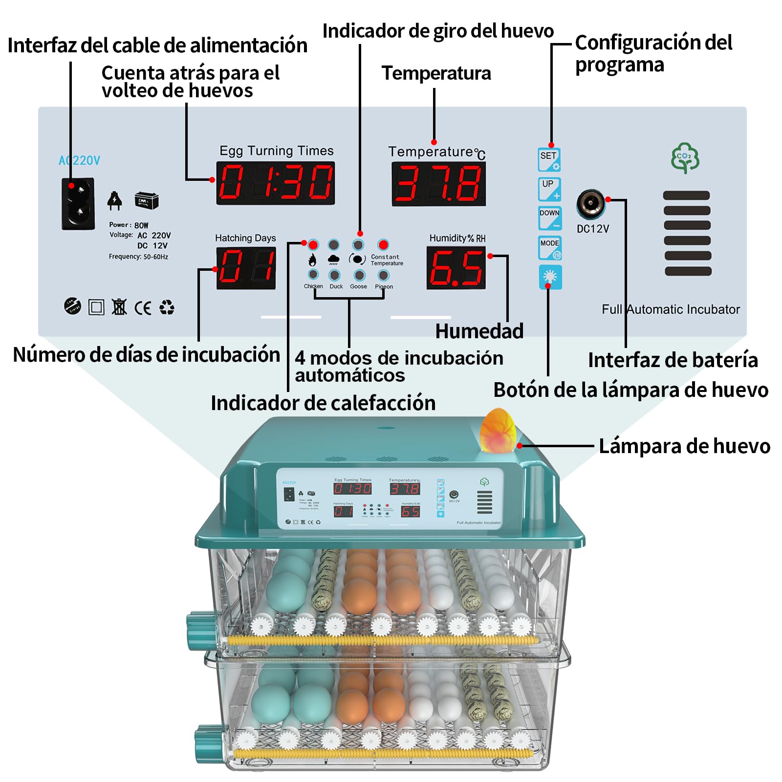 Incubadora Huevos Gallina, Incubadora de 120 Huevos, Incubadora Automática con Monitoreo de Humedad, Volteo Automático de Huevos y Lámparas de Huevo