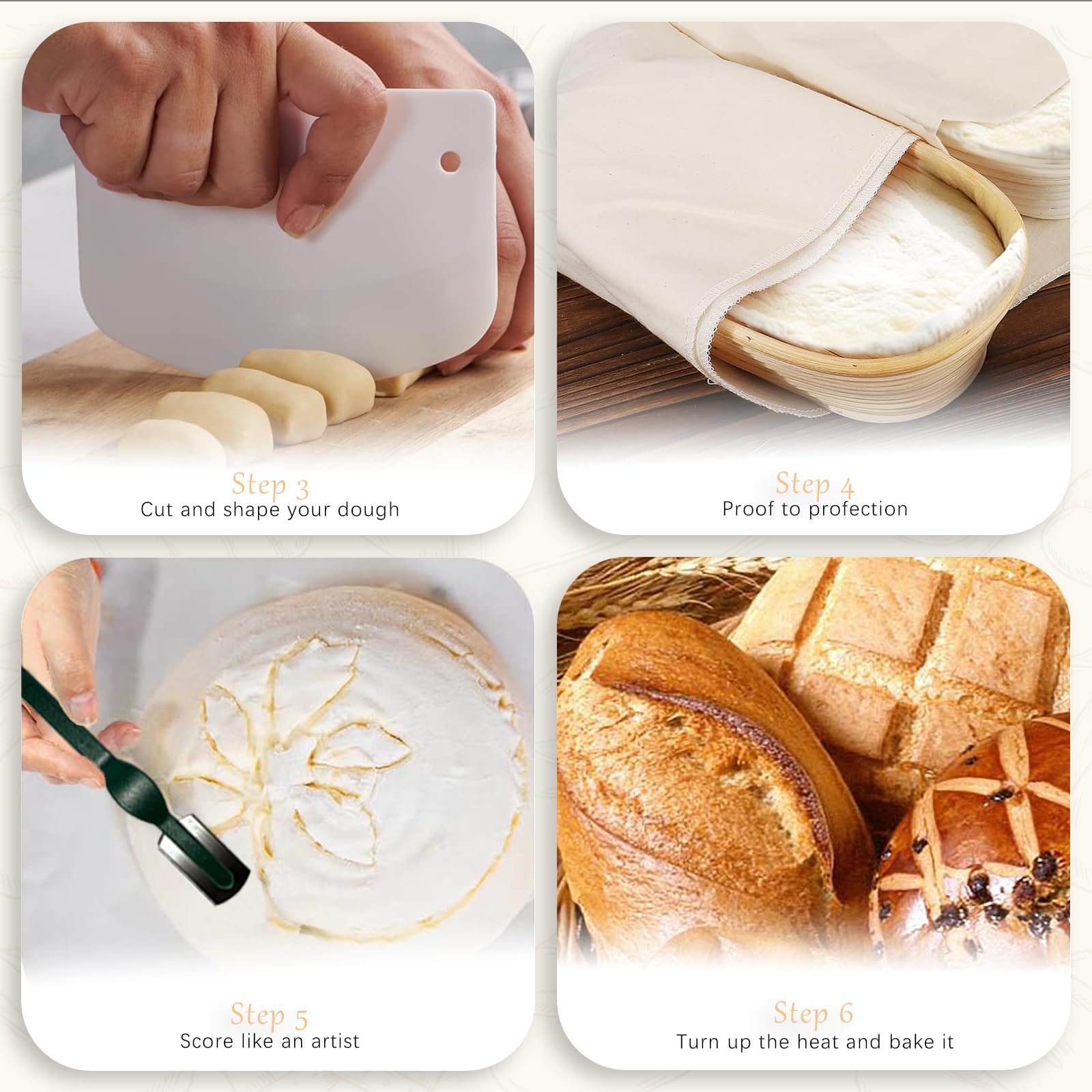 Natürliches, ungebleichtes Banneton, Sauerteig-Brot-Gärkörbchen-Set, 5 x 22,9 cm, runder Korb mit Brotbackzubehör, Banneton-Korb-Geschenk-Set, Primärfarbe