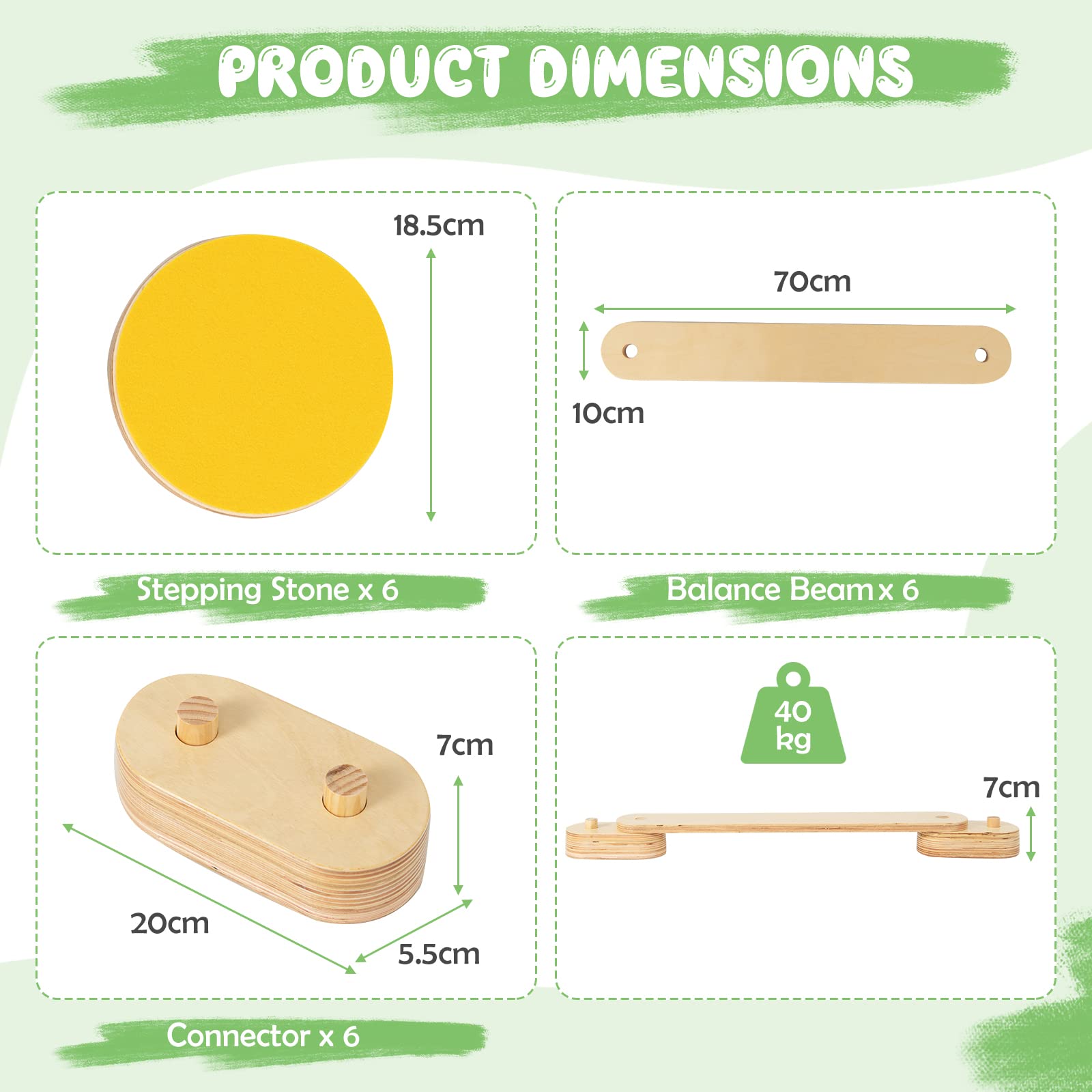 HOMASIS Trave di Equilibrio per Bambini, 18 Pezzi in Legno con 6 Pietre e Connettori, Tavola di Equilibrio Montessoriano per Equilibrio e Coordinazione, Barra di Equilibrio per Bambini dai 3 Anni
