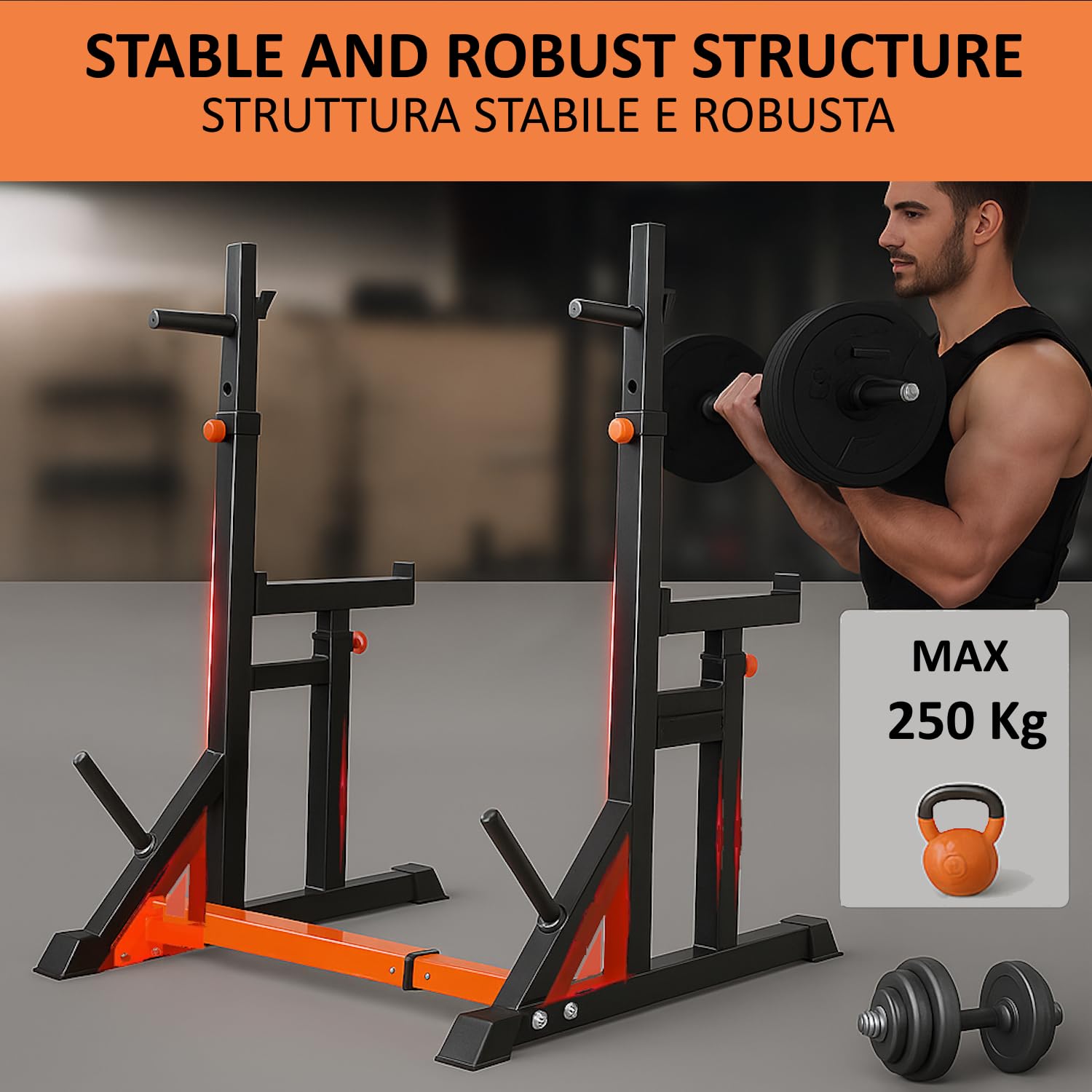 FFitness Squat Rack Regolabile Doppio Supporto per Bilanciere Multifunzione Rastrelliera Pesi in Acciaio Panca Stand con Portadischi