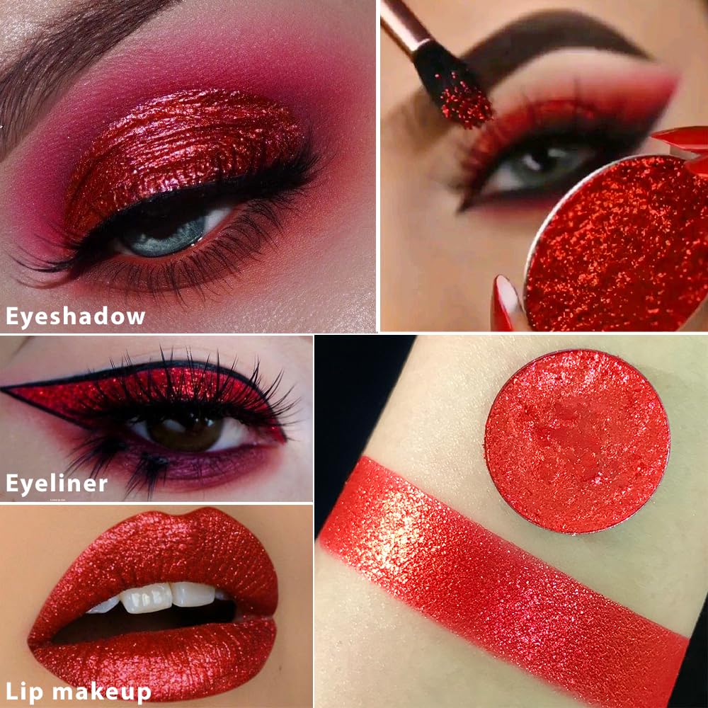 Afflano Red Glitter Eyeshadow, Diamond Bright Red Eyeshadow Instant Colour, Super Pigmented red Metallic Eyeshadows One Swipe - Image 3