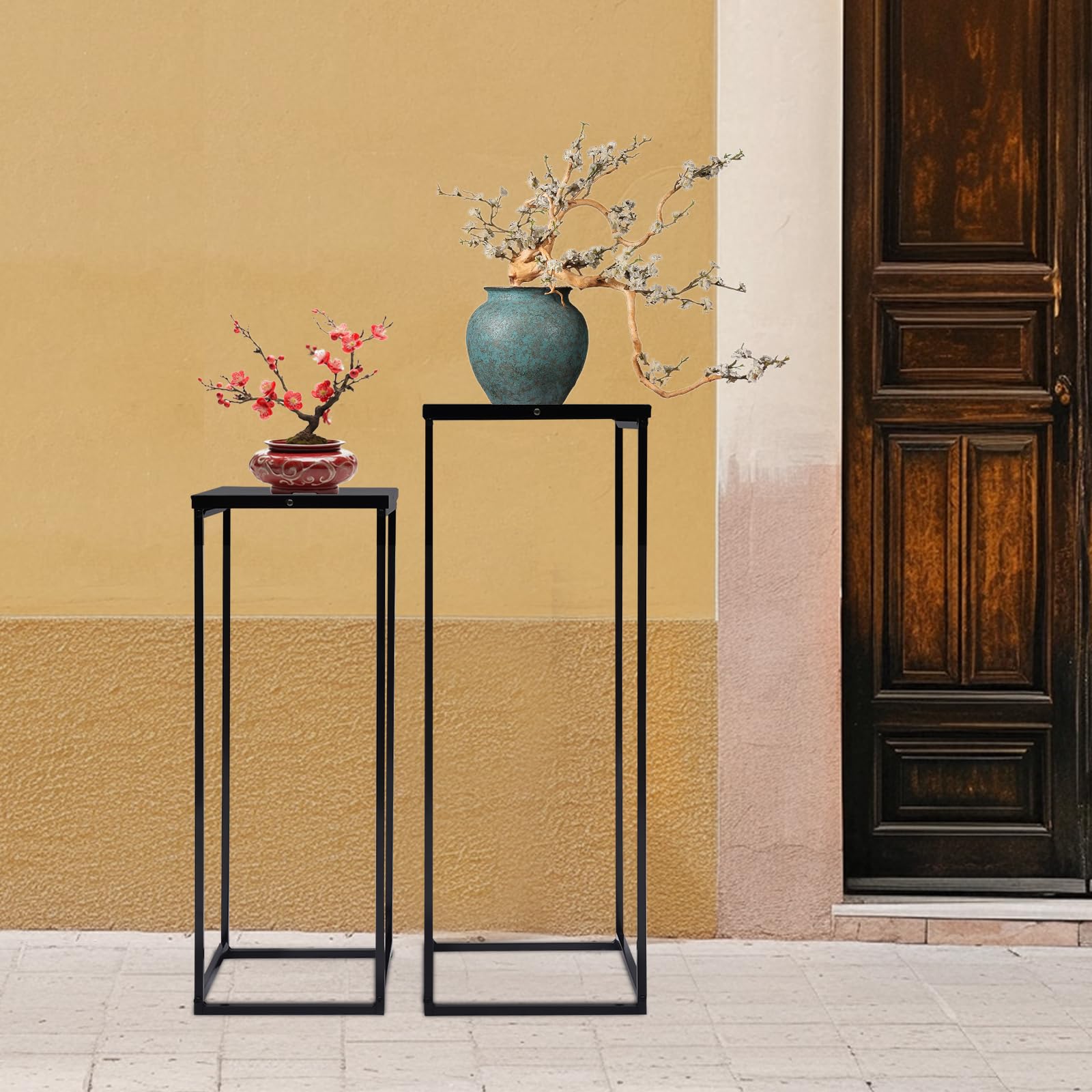 Set di 2 supporti per piante, in metallo, per giardino, balcone, colore nero