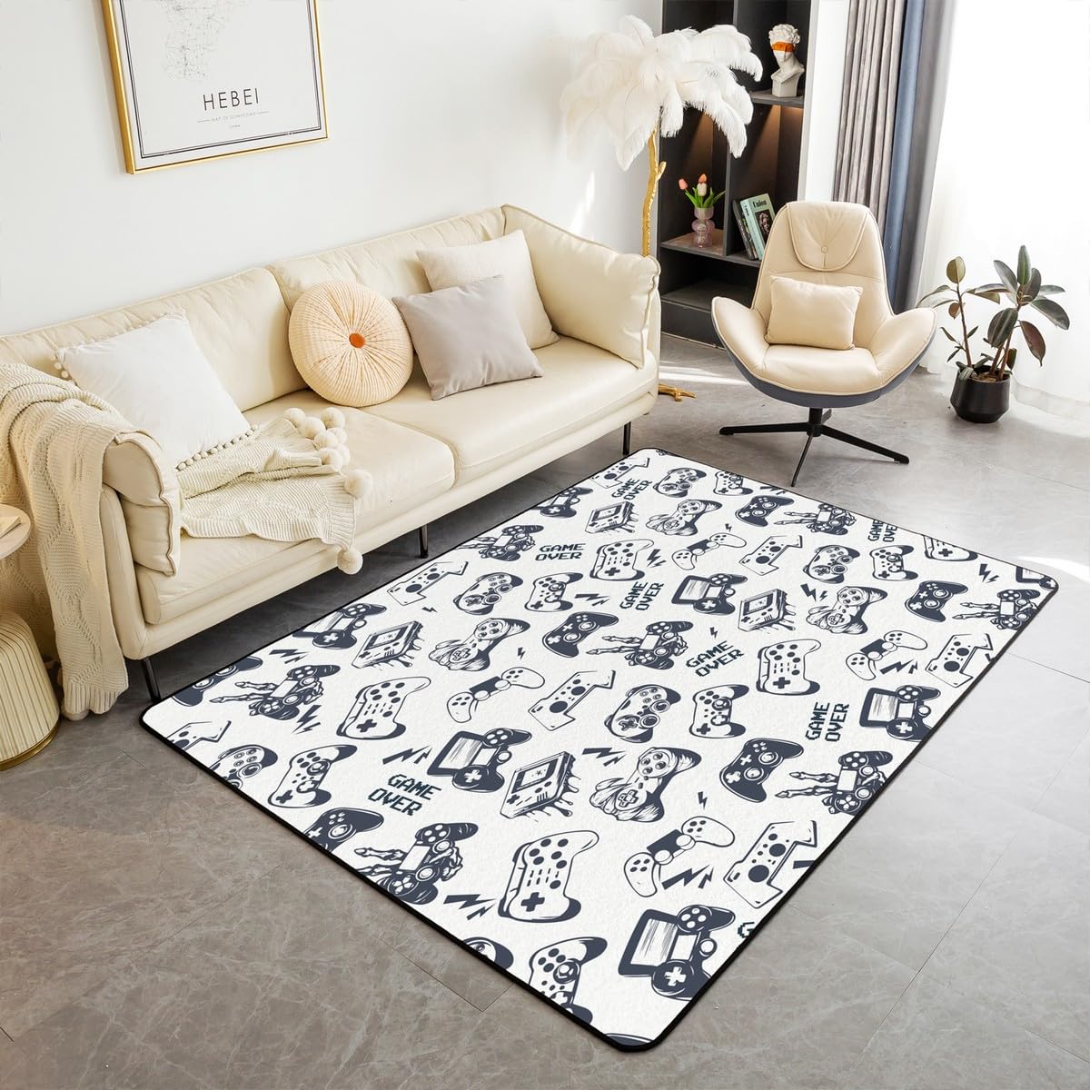 Loussiesd Dywan do salonu dla graczy, 100 x 150 cm, gamingowy dywan akcentujący dla chłopców, dziewcząt, nastolatków, nowoczesny kontroler konsoli do gier, mata podłogowa, joystick, biała wycieraczka,