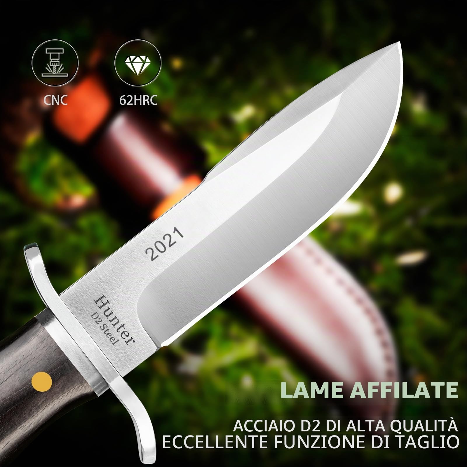NedFoss HUNTER coltello da caccia, 11,4 cm, in acciaio D2, 42a, elegante manico in legno, affilato per esterni con fondina, coltello bowie, in confezione regalo per bushcraft