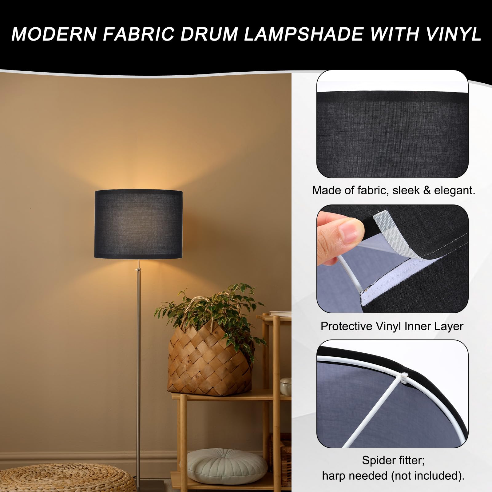 Paralume in tessuto con vinile 25,4 x 25,4 x 17,8 cm, nero