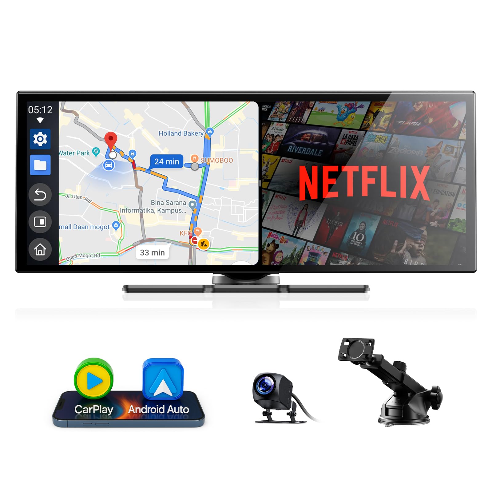 Volam 10.25 Pollici Carplay Display con YouTube/Netflix,Wireless Carplay Android Auto,schermo per auto con telecamera posteriore 1080P,1920×720P Touchscreen 2.4G/5G WLAN Bluetooth
