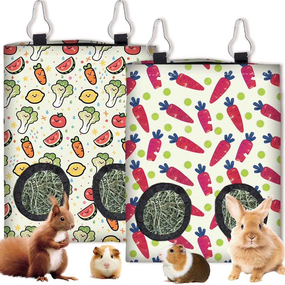PRESSINART 2Pcs 2 Styles Rabbit Hay Feeder Bags for Guinea Pigs Chinchillas 11.6 x 9.1 Inch Hanging Hay Bag with 2 Holes Vegetables Fruit Cloth Washable Small Animal Feeding Storage Cage Accessories — image 1