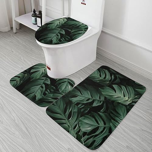 Miniatura 6 de Habilboi Juego de alfombras de baño antideslizantes de 3 piezas, alfombra de baño de hojas tropicales y alfombrilla de inodoro contorneada en forma