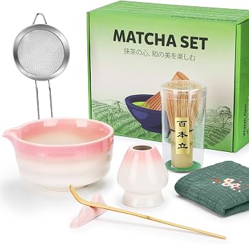 Matcha Set of 7 Pink Matcha Set with Matcha Broom Bowl Spoon Macha Tea Set for Ceremony Ideal Matcha Gift for Lovers Family Friends Tea Enthusiasts