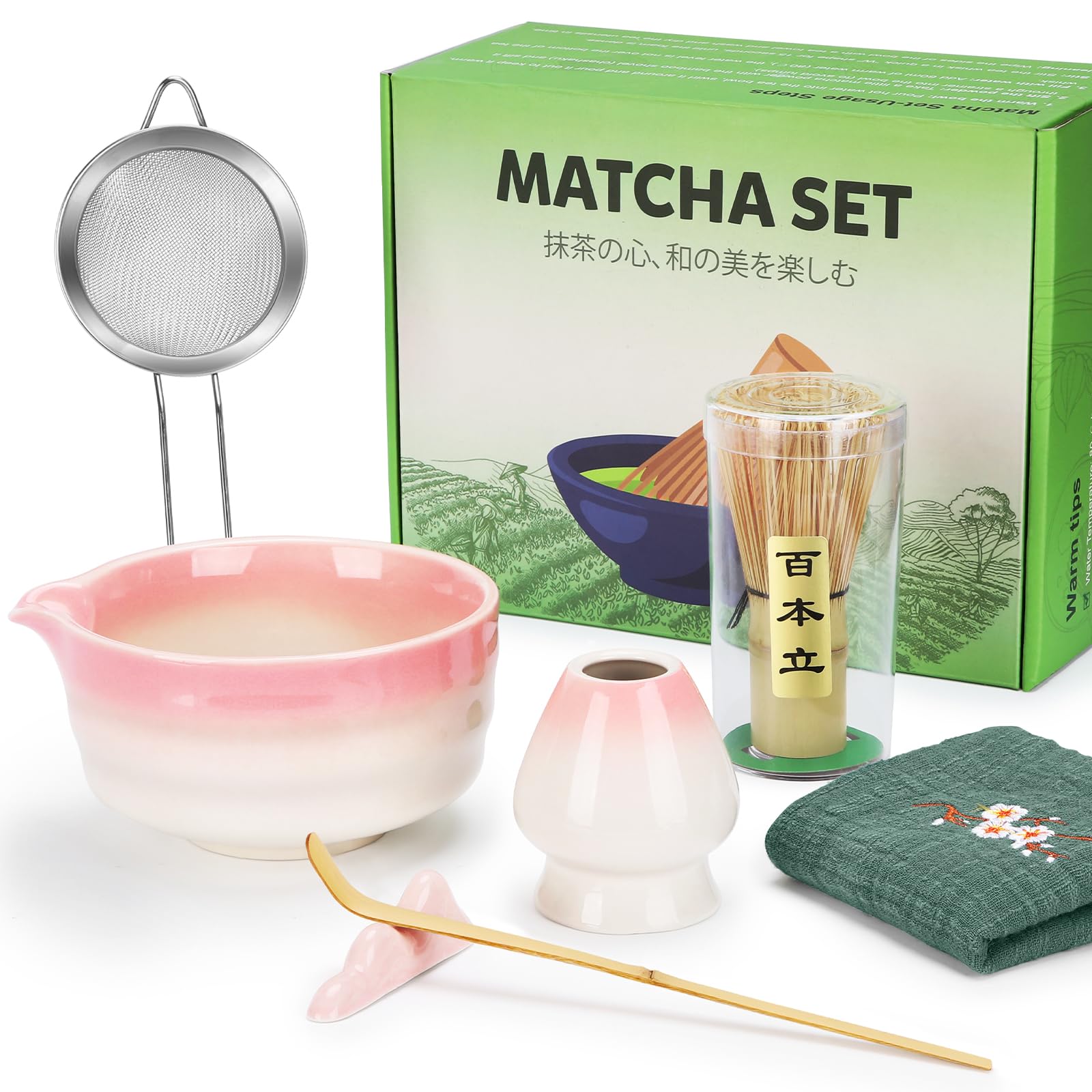 7Pcs Matcha Kit, Matcha Set with Matcha Whisk, Bowl, Spoon, Matcha Whisk Set for Ceremony, Ideal Matcha Gift for Lover, Family, Friends, Tea Enthusiasts, Gradient Pink