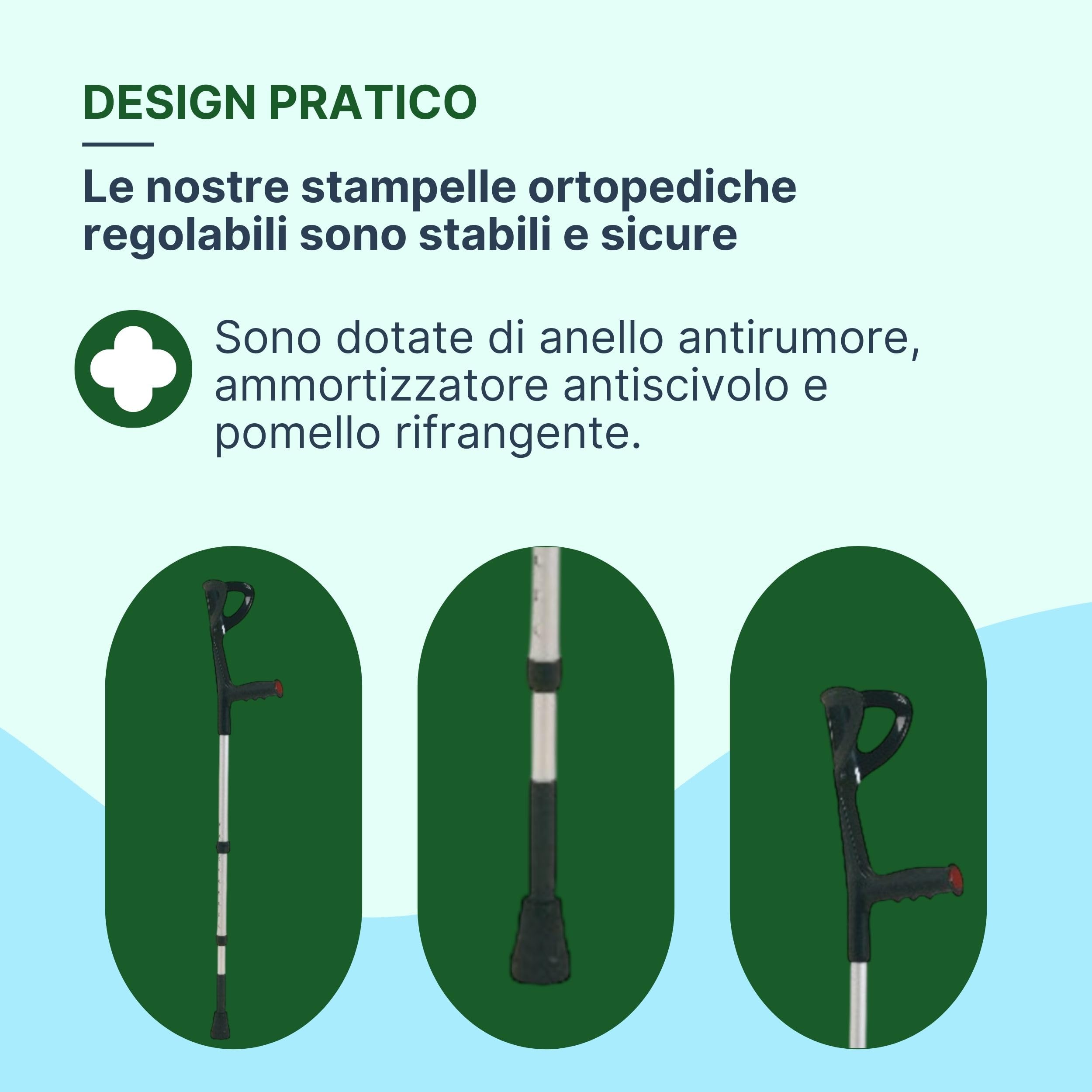 Stampelle Ortopediche Regolabili con Ammortizzatore, 2 Unità | Stampelle Canadesi in Alluminio Anodizzato, Altezza 74-97cm, Nero/Argento