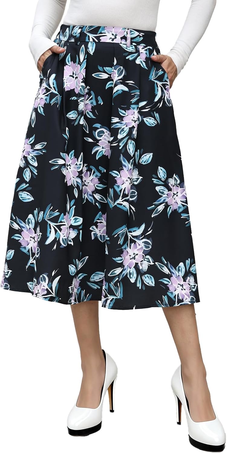 FARORO Midi Skirts for Women High Waist Floral Print Pleated A-Line Skirt with Pockets Work Casual