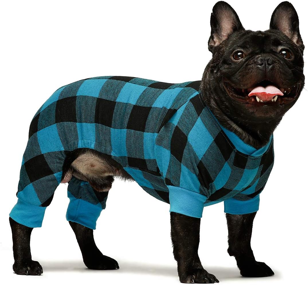 Fitwarm 100% Cotton Buffalo Plaid Dog Clothes Puppy Pajamas Pet Apparel Cat Onesies Jammies Doggie Jumpsuits Blue Medium