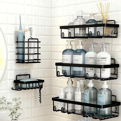 Miniatura 9 de Organizador de ducha adhesivo, paquete de 5 unidades de organizador de ducha colgante para baño, estantes sin taladrar con organizador de jabón y