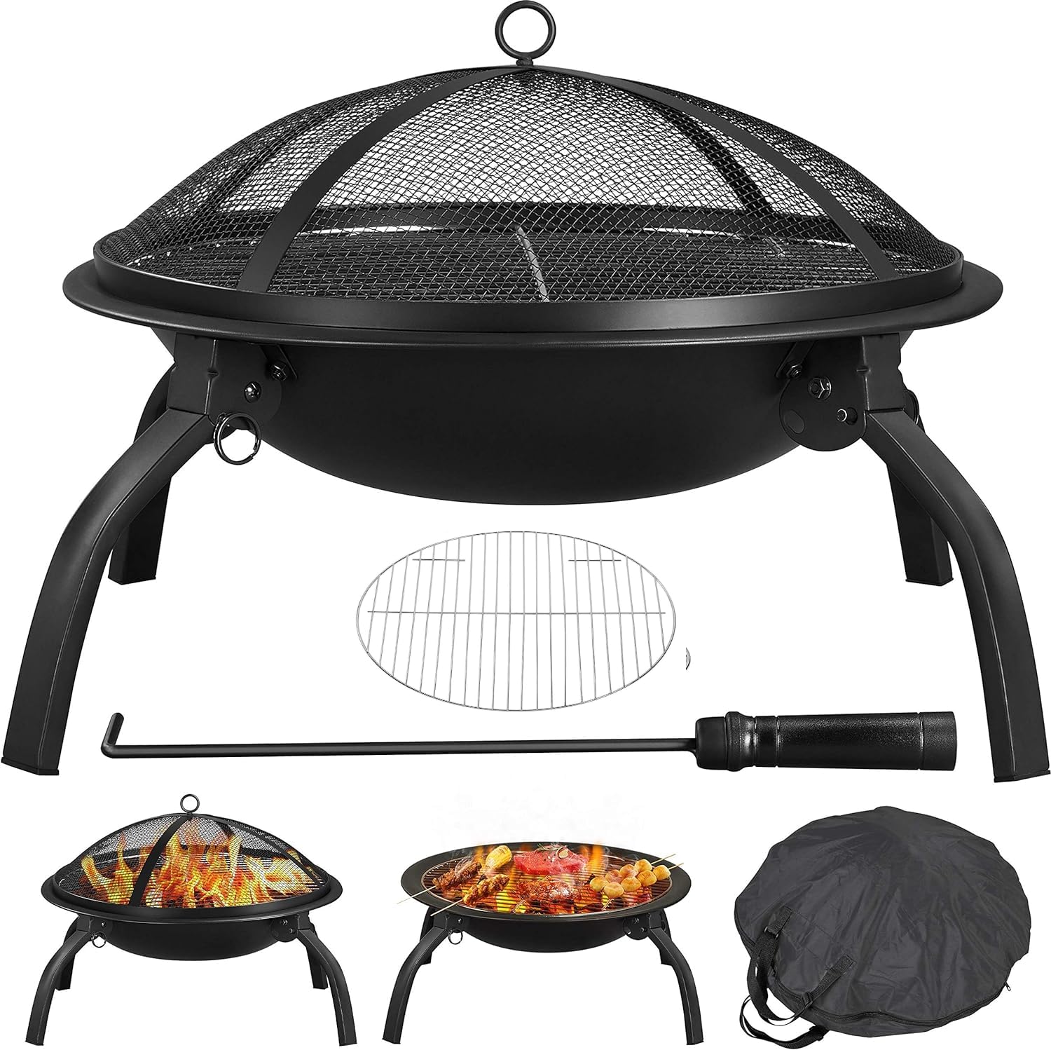 DWD ®Fire Pit Portable Folding Fire Pit with Grate/Cooking Grill, Iron Fire Pit for Garden Portable Fire Bowl for Camping Bonfire/BBQ/Heating,Log Burner Carry Bag,Mesh Safety Cover Poker Black