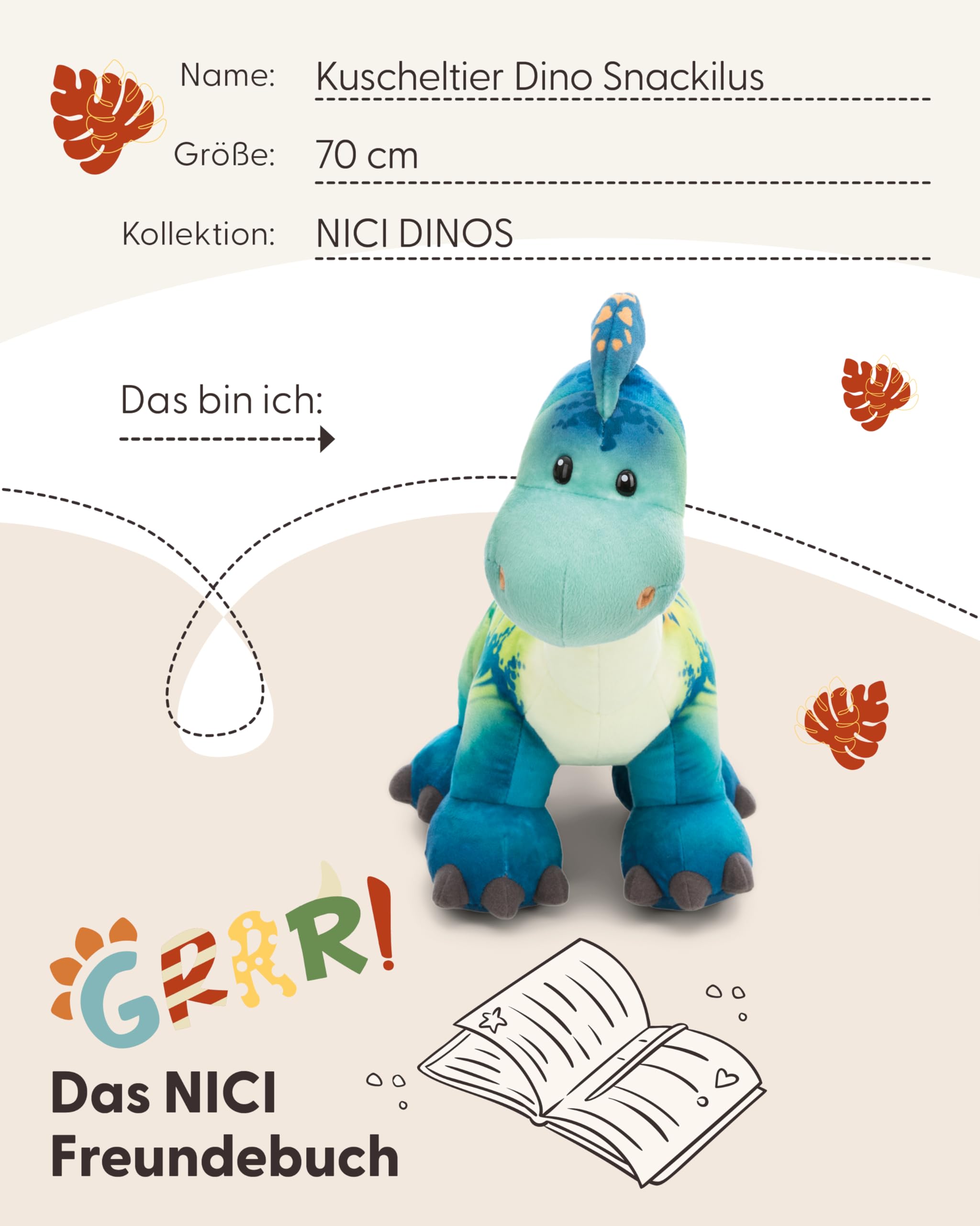 NICI Kuscheltier Dino Snackilus 70cm - blau - Weiches Plüschtier – niedliches Stofftier zum Kuscheln & Spielen – tolle Geschenkidee für Kinder & Erwachsene - 61574