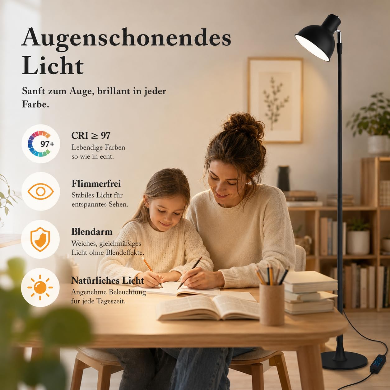 Rosnek LED Stehlampe Höhenverstellbar, Leselampe Dimmbar mit 3 Lichtfarben, 150° Schwenkbar Lampenkopf, 2-in-1 Stehleuchte & Tischleuchte für Wohnzimmer, Homeoffice, Esszimmer, Metall Schwarz