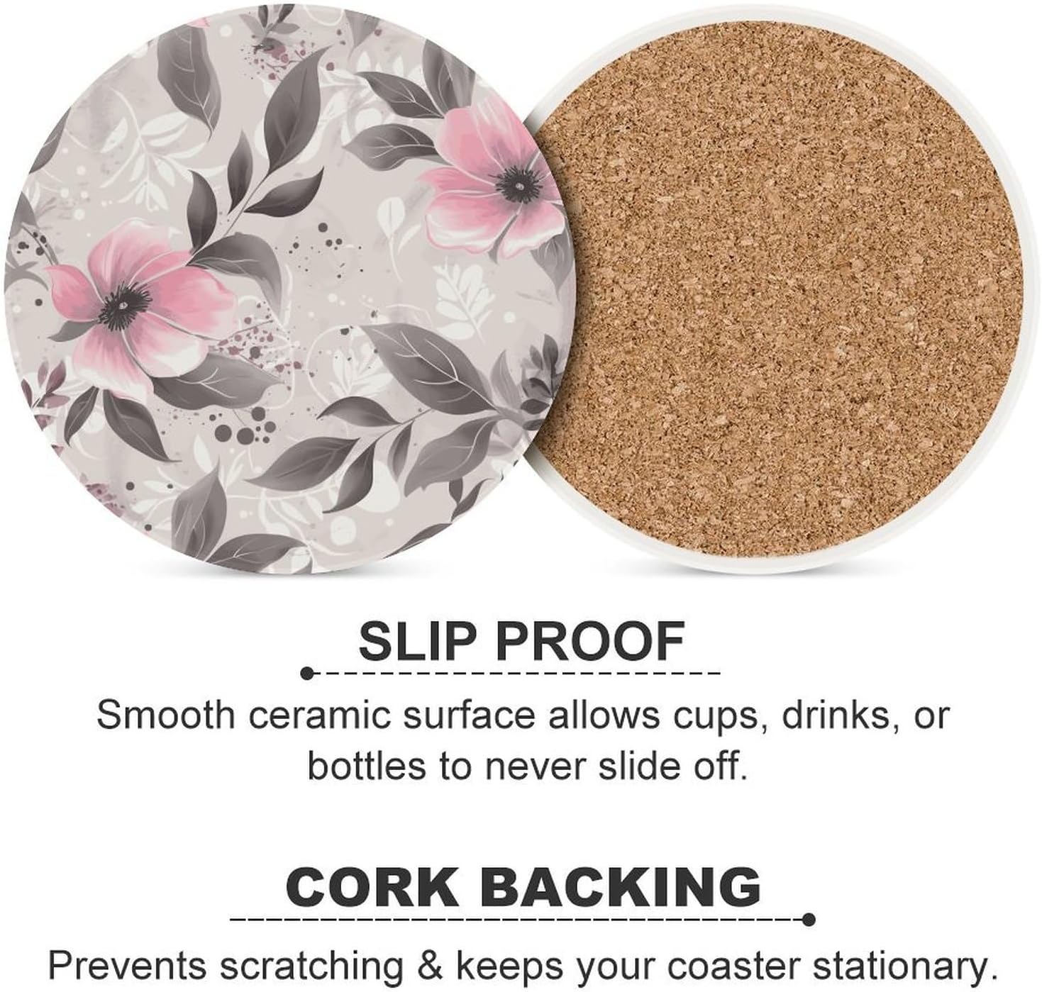 Pink Flowers and Leaves on Gray Coaster with Cork Base Drink Coasters for Coffee Table Decor Modern Cup Coasters with Non-Slip & Heat-Resistant Cute Ceramic Table Coaster for Home Dining