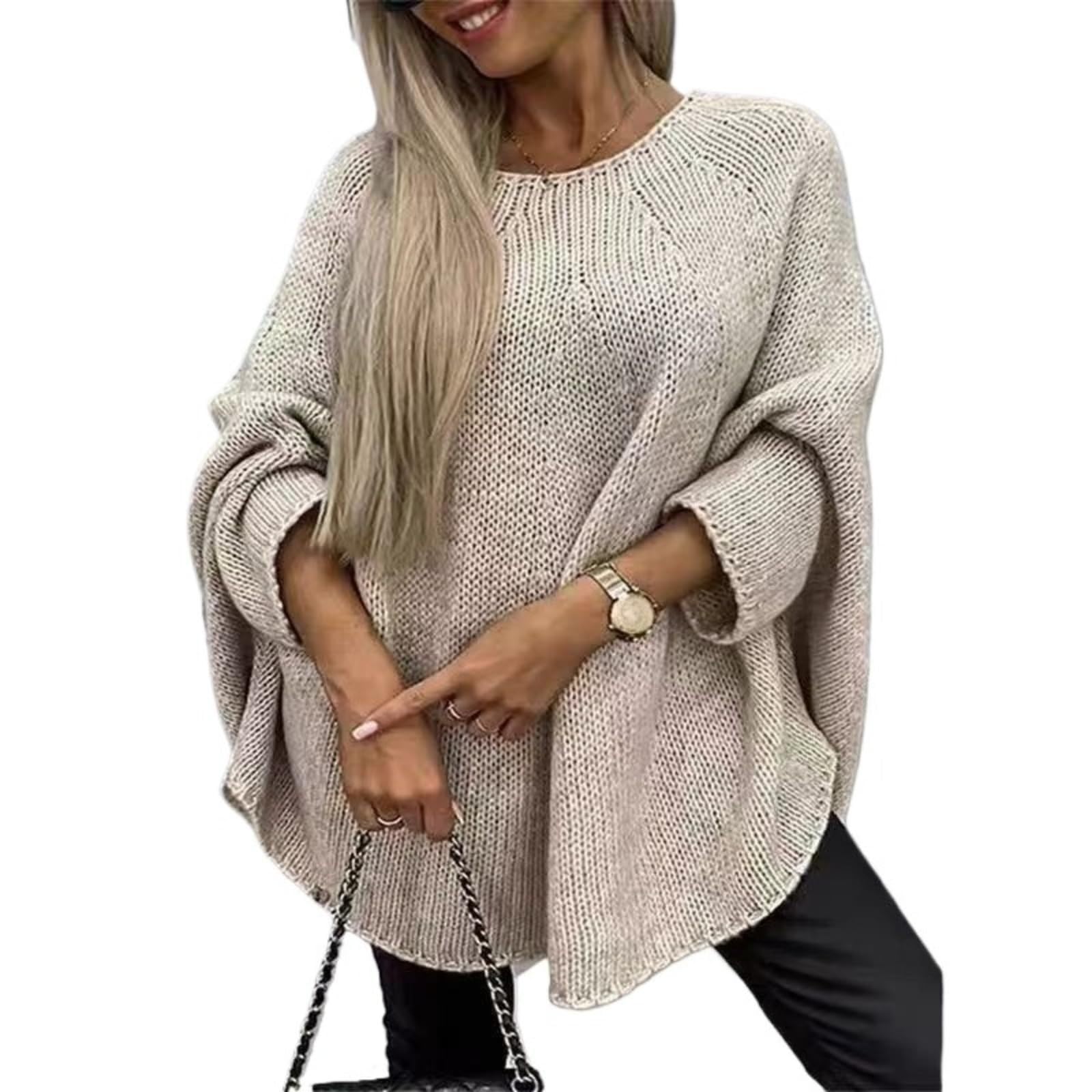 Womens Knit Poncho Crewneck Pullover Top Fall Winter Chunky Cape Sweaters Long Sleeve Asymmetric Hem Oversized Shawl
