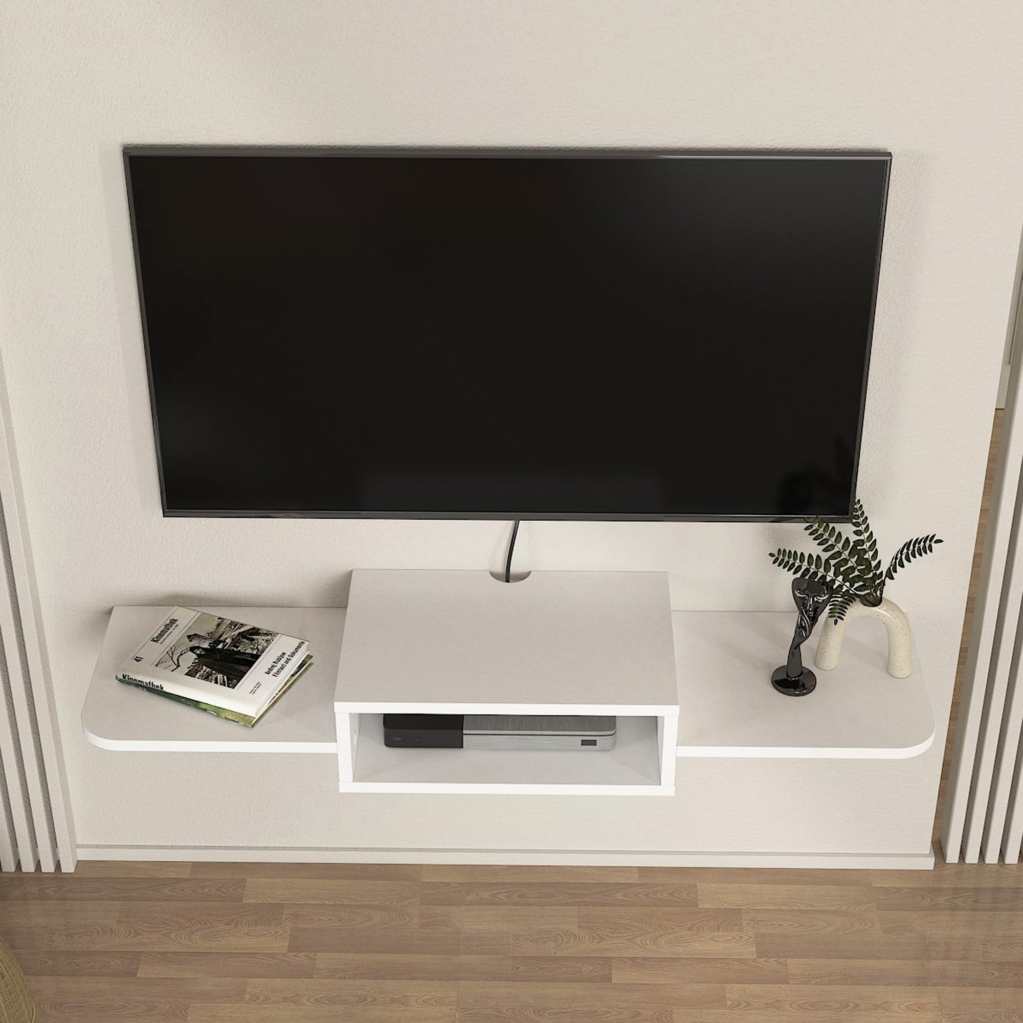[en.casa] Mobile Porta TV da Parete con Vano Aperto Mensola Sospesa con Ripiani Laterali e Fori Passacavi per Soggiorno Salotto Stand Multimediale 115 x 30 x 16 cm - Bianco