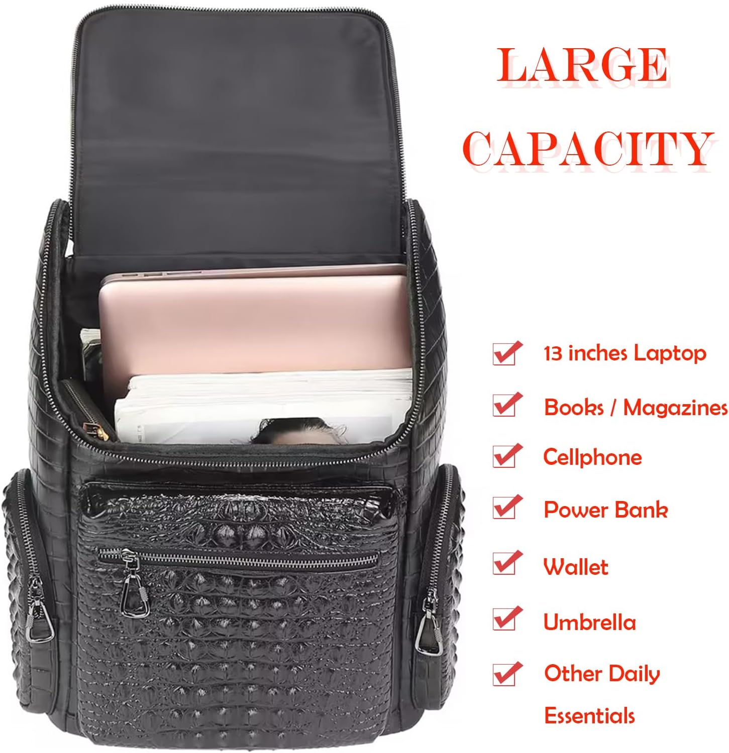boshiho Real Leather Laptop Backpack Fashion Travel Bag Daypack for Men (L - Metal Zipper Pull)