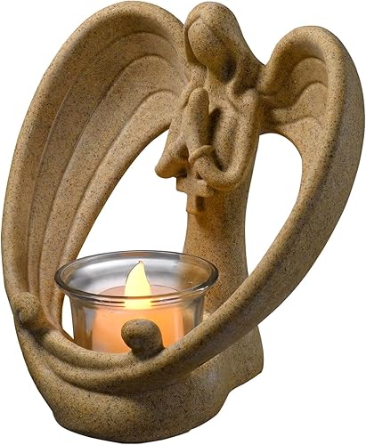 Miniatura 2 de Carefree Fish Estatua de ala de ángel con cruz orante, piedra arenisca del desierto, pérdida de oración, regalo de luz de té conmemorativa para