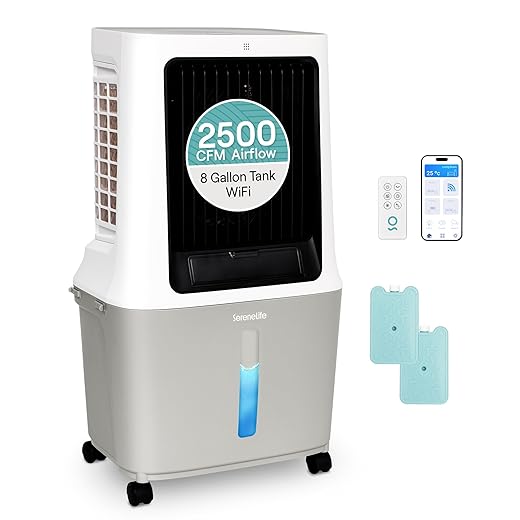SereneLife Portable Swamp Cooler Air Conditioner - 2500 CFM Airflow, 8 Gallon Water Tank Portable Evaporative Air Cooler for Room & Outdoors, WiFi, Humidifier & Fan Modes, Ice Packs & Remote Included