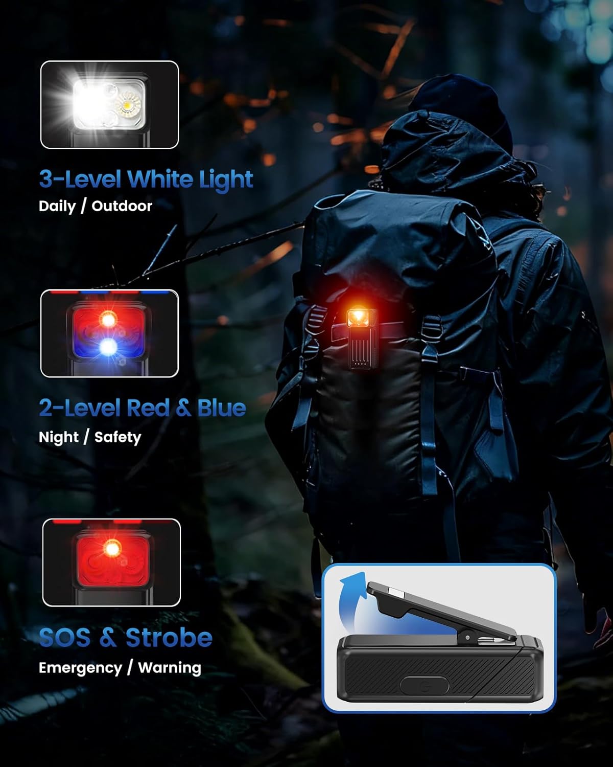 KINGTOP Clip On Flashlight, Mini EDC Flashlight for Night Walking - 90° Rotating Head, Magnetic Base, USB-C Rechargeable Pocket Light with Spotlight, Floodlight, Red SOS & Red/Blue Strobe (Black)