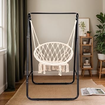 Outdoor Hammock Chair Stand Only, Swing Stand with 2 Hooks, Max Load 600lbs, Fits Most Hanging Chairs, Black (Without Hammock Chair)