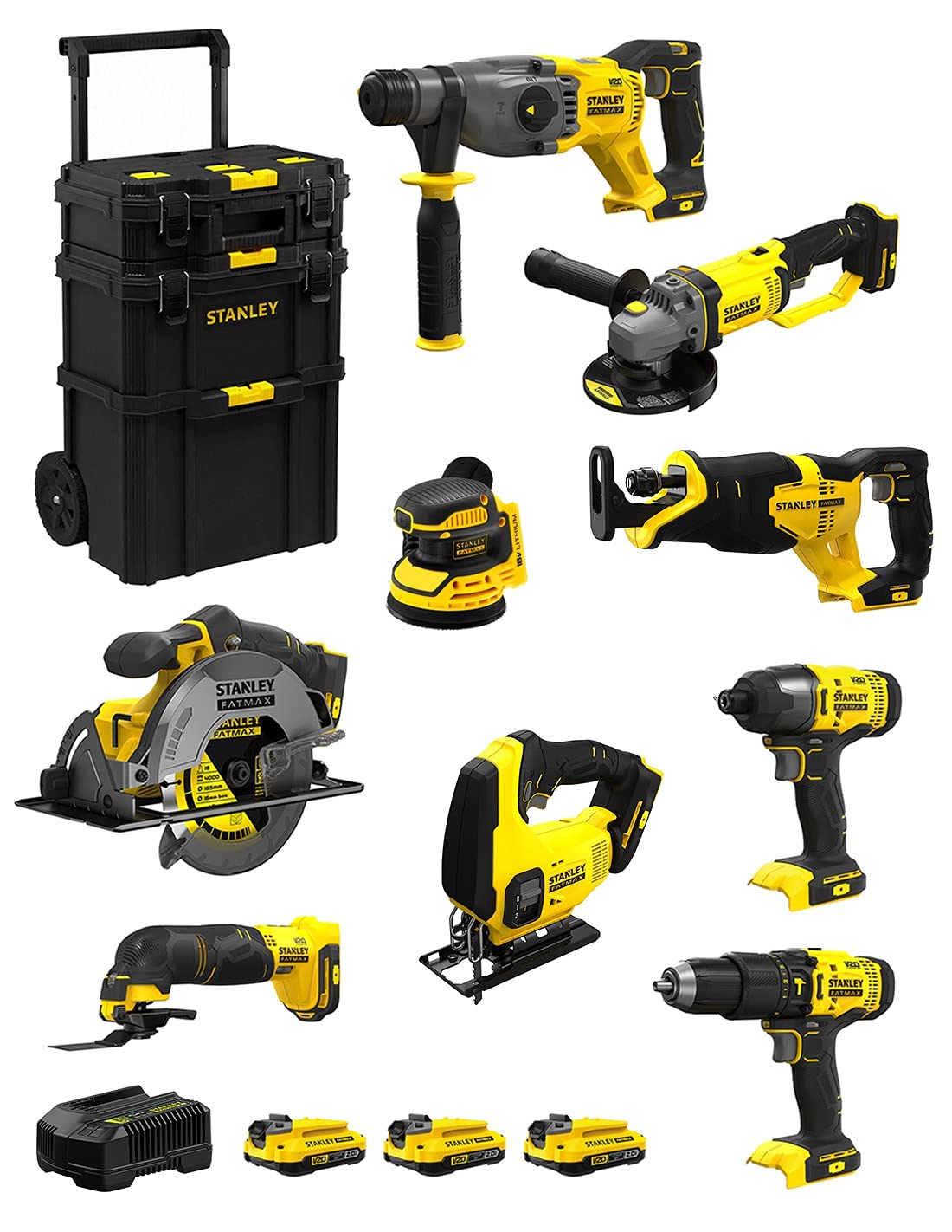 STANLEY FatMax Kit SVK900 (SFMCH900 + SFMCG400 + SFMCD711 + SFMCF800 + SFMCS500 + SFMCS600 + SFMCW220 + SFMCS300 + SFMCE500 + 3 Baterías de 2,0 Ah + Cargador + Carro 3en1)