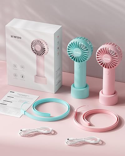 Miniatura 7 de Paquete de 2 ventiladores de mano rosa y azul, diseño pequeño y lindo, 3 velocidades potentes, funciona con USBbatería recargable, ventilador