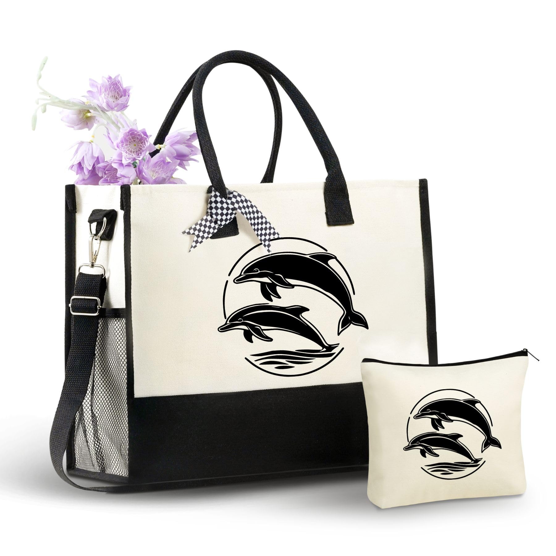 InnoBeta Dolphin Gifts Canvas Tote Bag with Top Zipper Closure and Shoulder Strap for Birthday, Mother's Day, Christmas