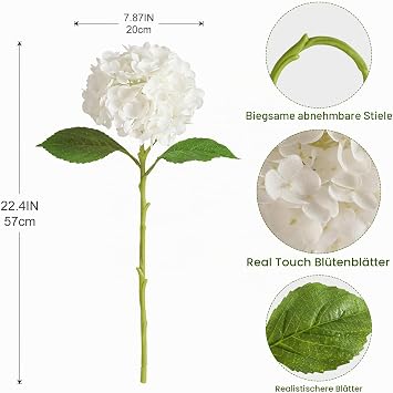 Kisflower 3 x Hydrangea Artificial Flowers Single Stem Realistic Hydrangea Flowers 57 cm Real Touch Latex Hydrangea Artificial Flowers for Weddings Party Office Home Decor (White)