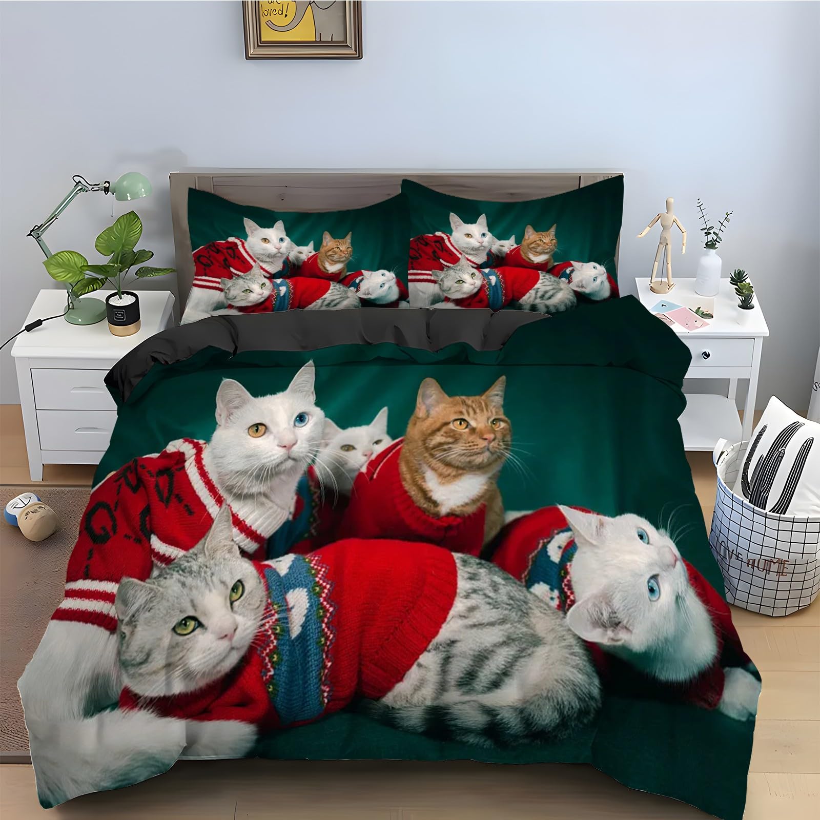 Housse de couette 220x240 chat mannois parure de lit 3 pièces microfibre avec taies d'oreiller