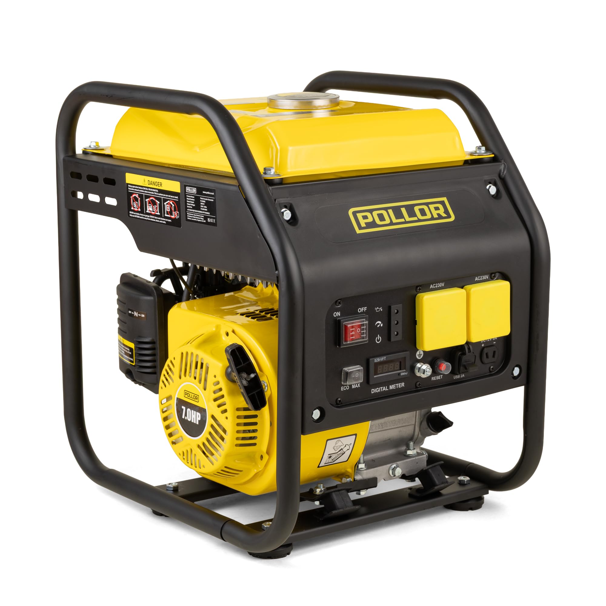 Pollor Yellow 3500W Petrol Inverter Generator, 230V, 4-Stroke, Pure Sine Wave, 8.0L Fuel Tank, Portable With Usb & 12V Outputs, Ideal For Camping & Outdoor Use