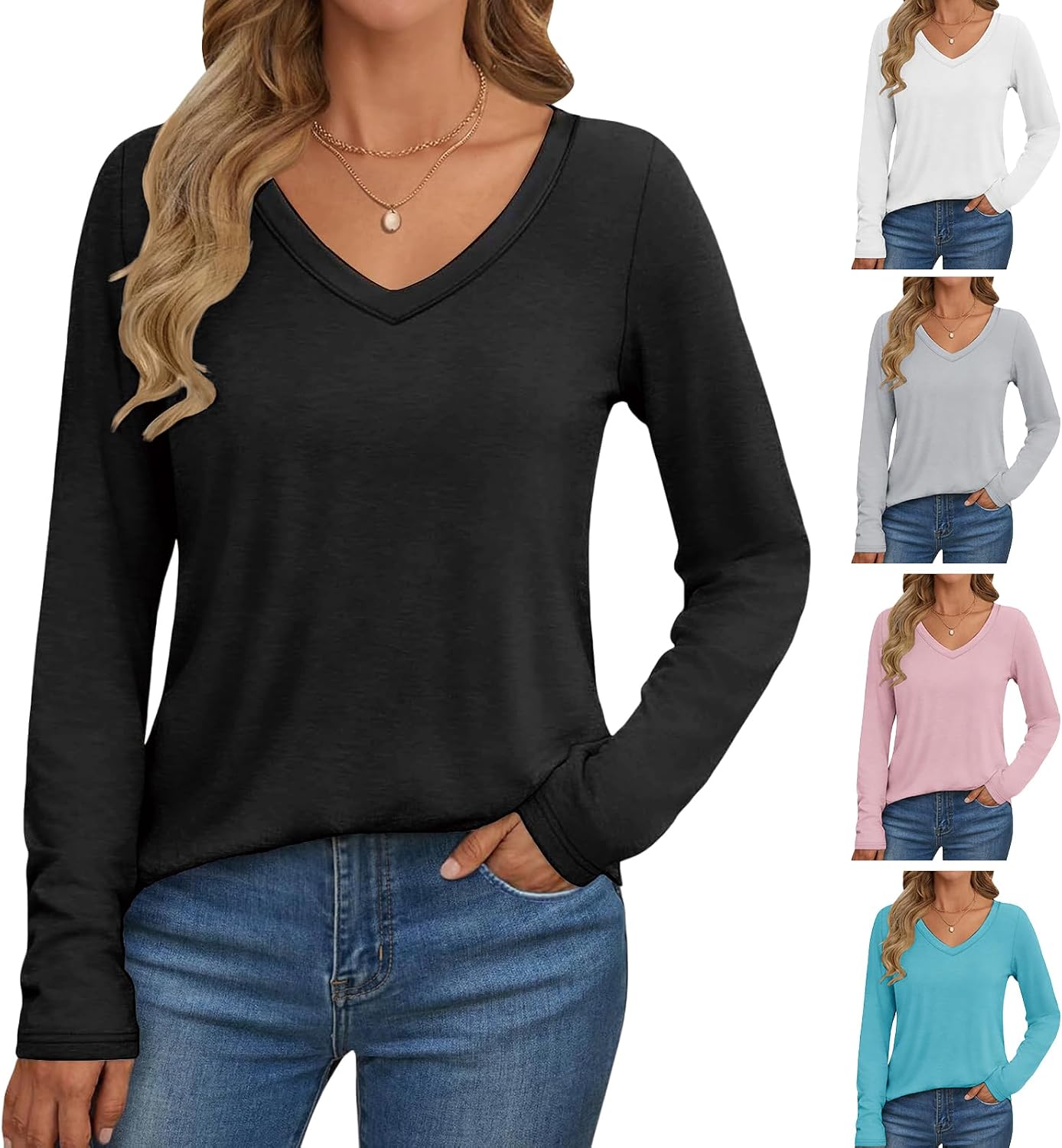 3/10 Pack T Shirts for Women-Long Sleeve V Neck Shirts Casual Tops Loose Fit Basic Tees