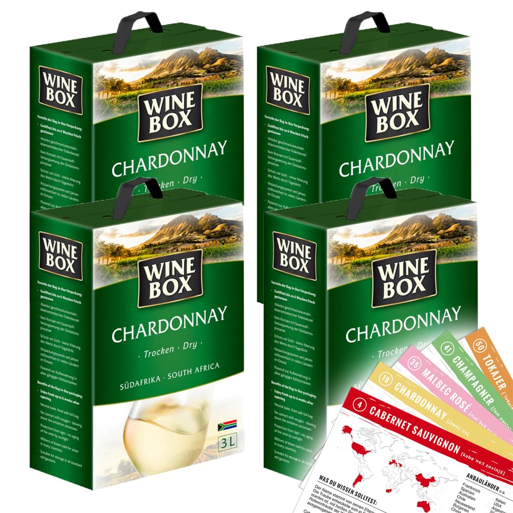 Wine Box Chardonnay, trocken, Bag-in-Box, sortenreines Weinpaket + VINOX Winecards (4x3,0l)