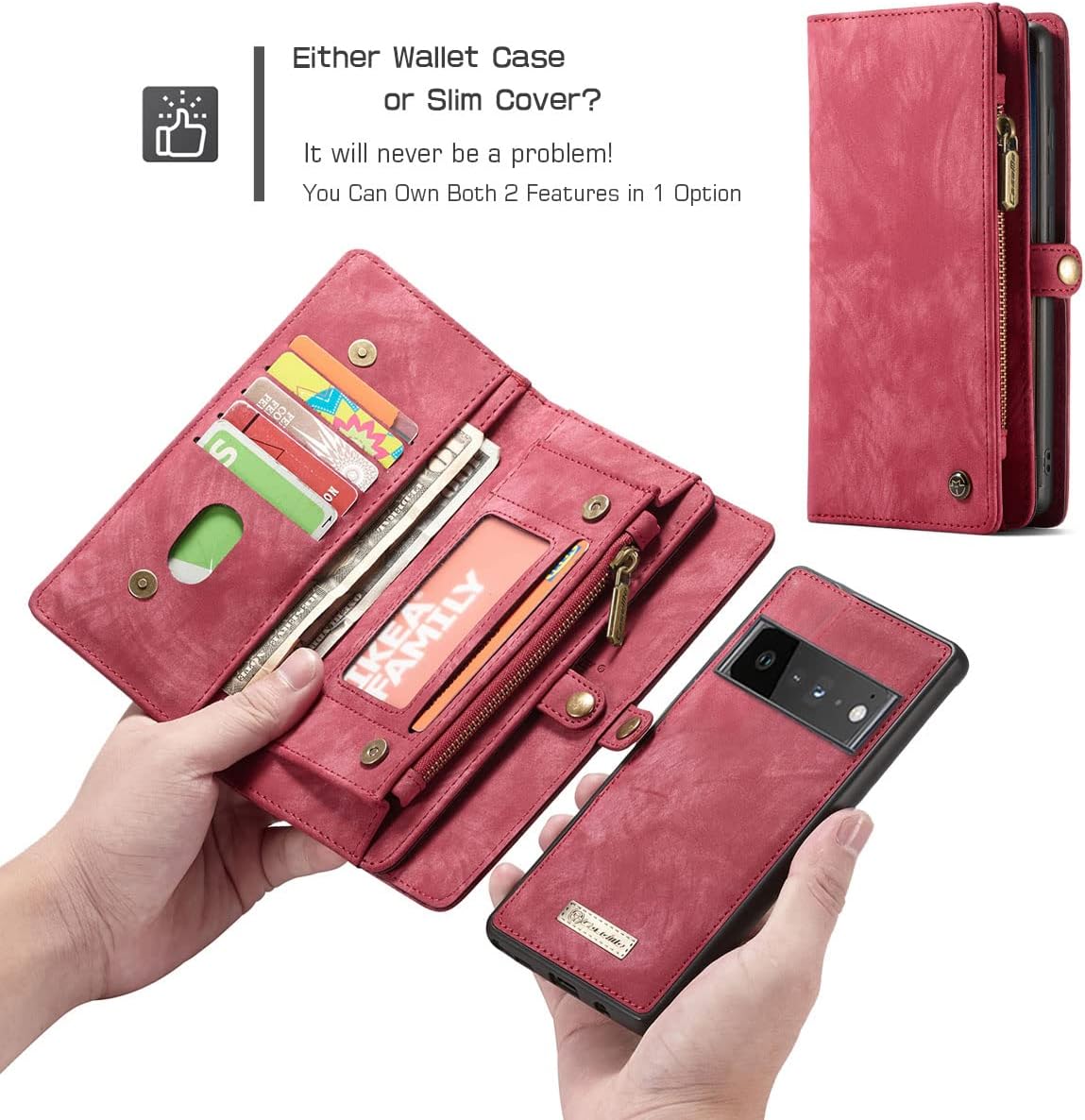 Simicoo Google Pixel 6A Leather Detachable Wallet Zipper Case with 11 Card Slots Holder Magnetic Case for Google Pixel 6A Flip Wallet Handle Wrist Strap Pocket Handbag (Pixel 6A, Red)