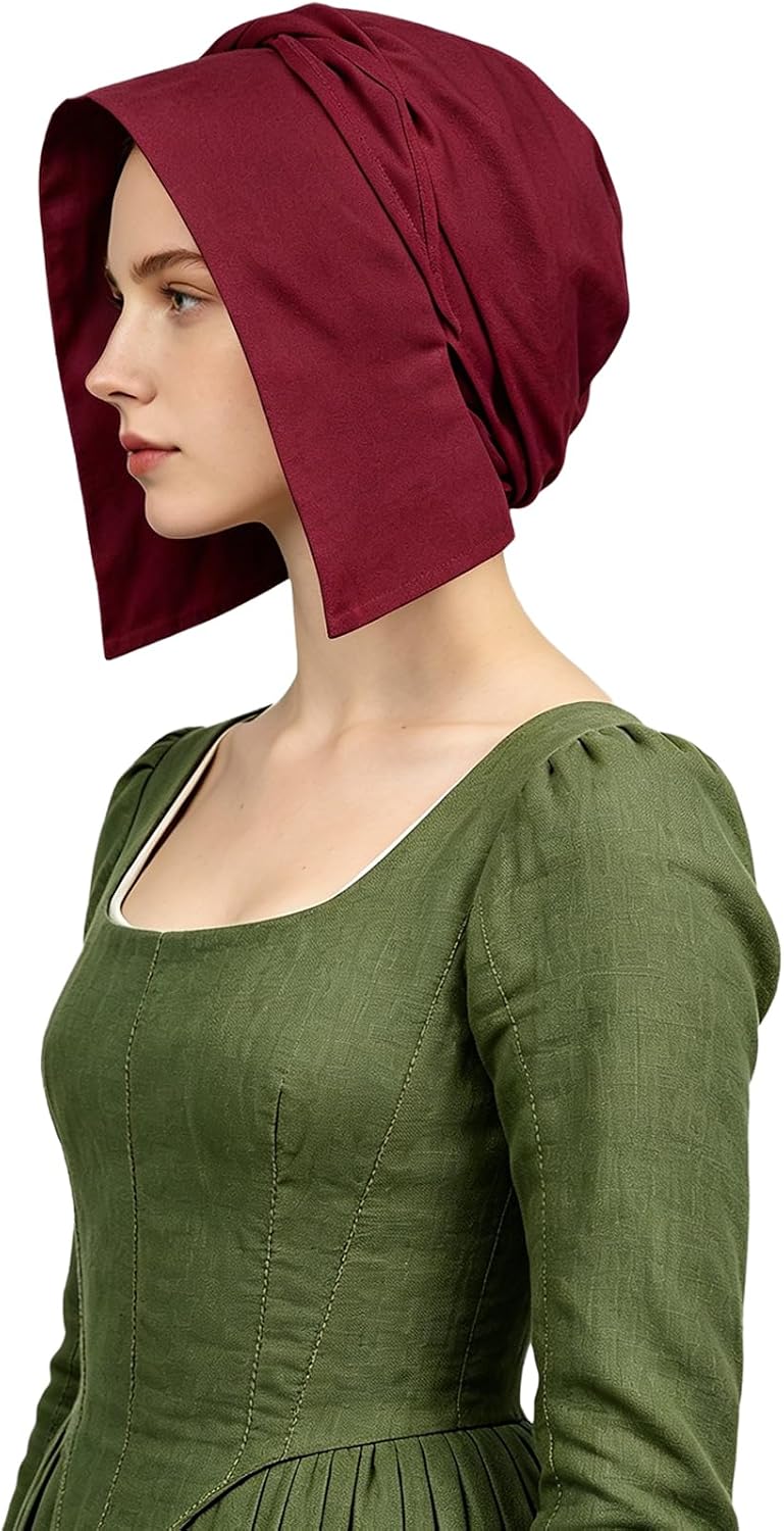 FEESHOW Medieval Womens Coif Cap Colonial Hat Costume Accessories | Century Coif Historical Linen Hat,Renaissance Victorian Bonnet Peasant Amish Hat,Accessory,Washed Texture,Versatile,Event