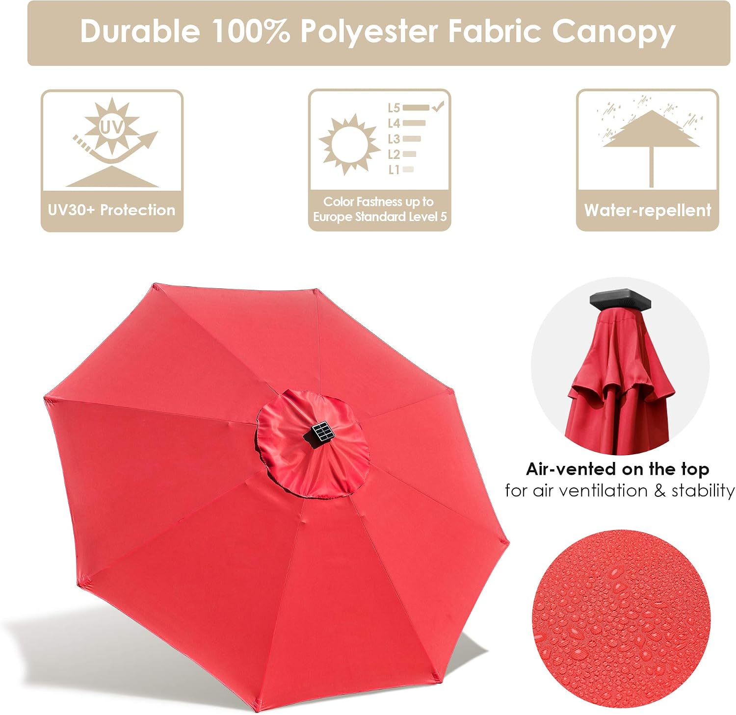 Yescom 9' Outdoor Solar Powered LED Umbrella 8 Ribs w/ 32 Lights for Patio Garden Deck Crank Tilt UV30 Red